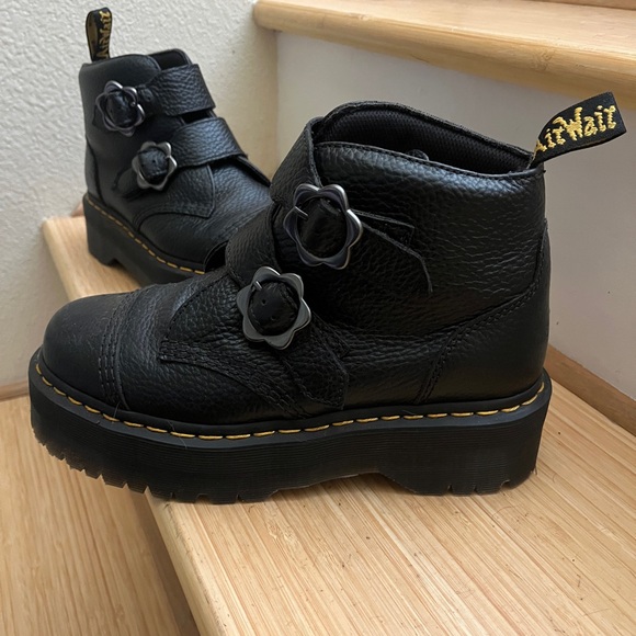 Dr. Martens Devon Flower Buckle Black Leather Boots - Picture 1 of 10
